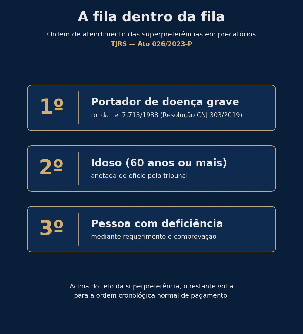 Infográfico: ordem de atendimento das superpreferências em precatórios no TJRS conforme o Ato 026/2023-P, primeiro o portador de doença grave, depois o idoso e por fim a pessoa com deficiência